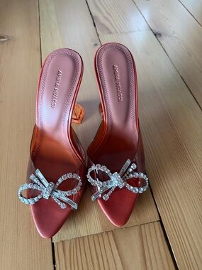 Amina Muaddi Red Satin Crystal Bow Pointed Mule